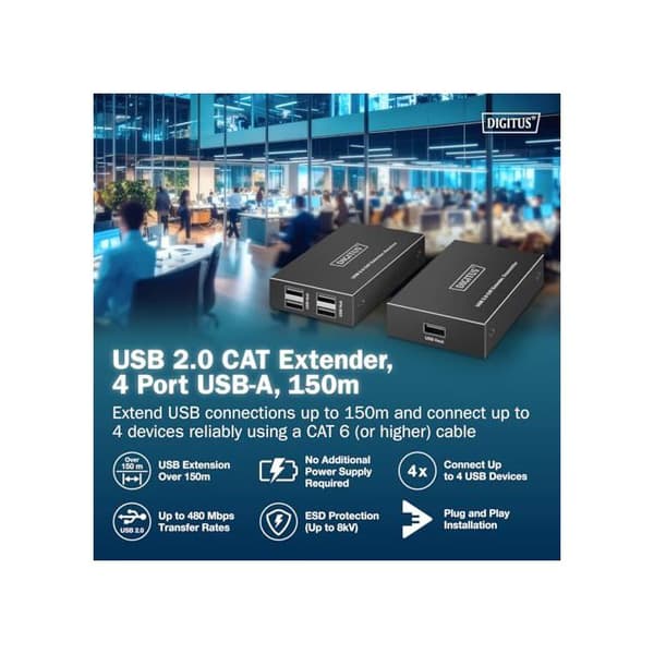 USB 2.0-hubb - DIGITUS - DA-73120 - 4 portar - 150m Ethernet - Svart