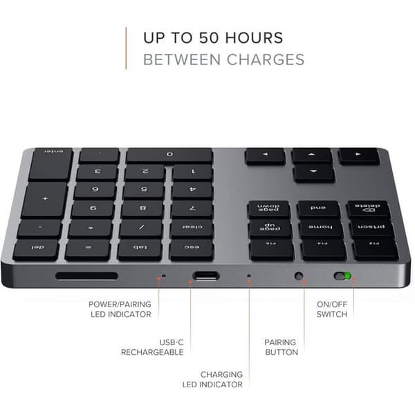 Utökat Numeriskt Tangentbord - SATECHI - Bluetooth - Aluminium - USB-C Laddningsbart - MacOS