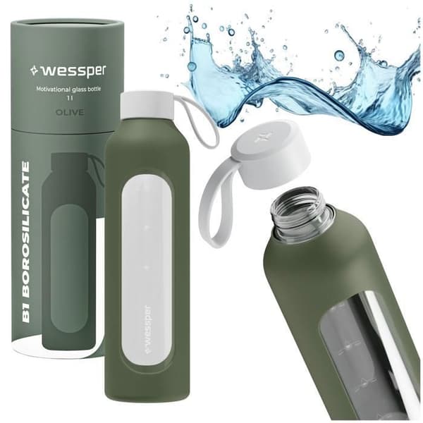 Glasflaska - WESSPER - B1 BOROSILICAT - 1000ml - Silikonfodral - Olivfärg