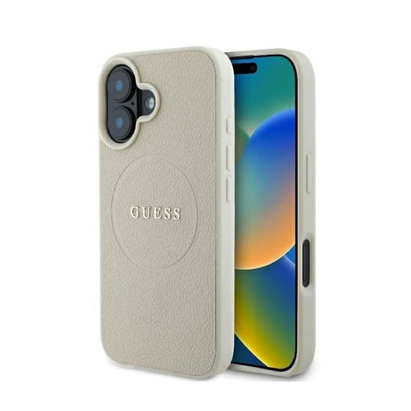 Coque Guess Grained Gold Ring MagSafe för iPhone 16 - Beige