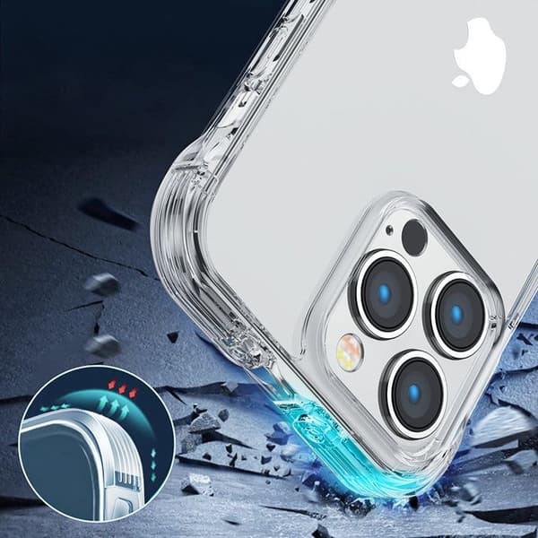 Transparent skyddsfodral för iPhone 14 Plus, med krokar och stöd.
