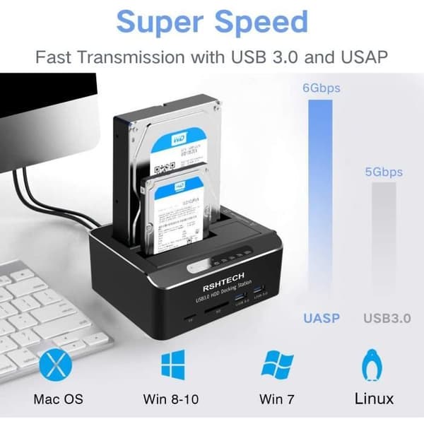 RSHTECH Aluminium USB 3.0-hårddisk dockningsstation för 2,5"/3,5" SATA HDD SSD-hårddisk med offlinekloningsfunktion