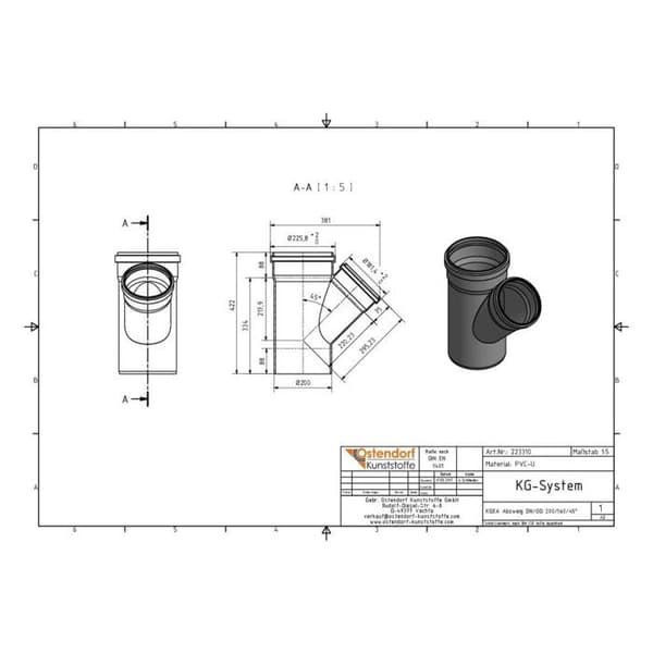 Förgrenings KG DN 200/160, 45 Grader, Avloppsrör