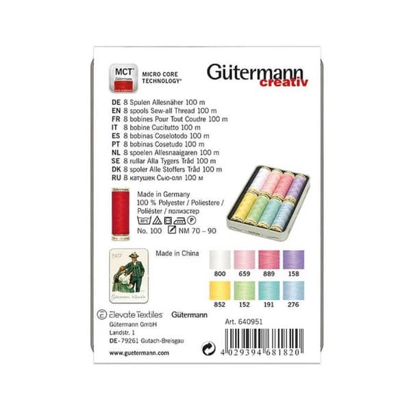 Syhset av sytråd - GÜTERMANN - Pastellfärger - 8 spolar - 100 % polyester - 100 m per spole