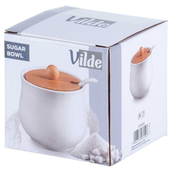 Keramiksockerbehållare - VILDE - 250 ml - Lock i bambu - 9x9 cm - Vit - Sked ingår - Minimalistisk design