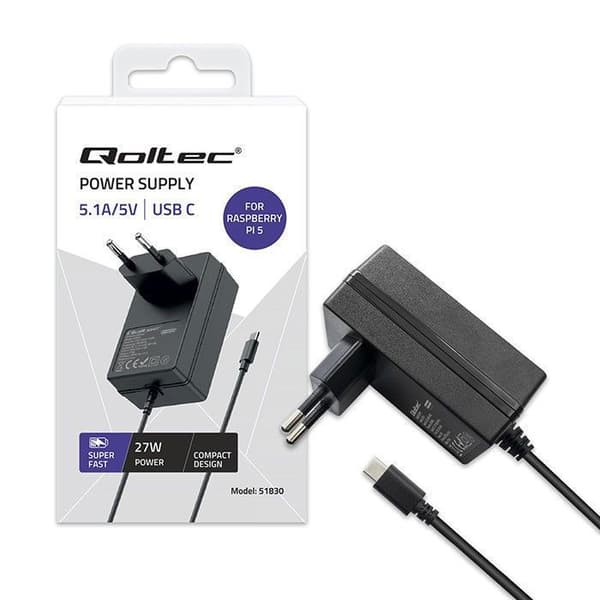 Laddare - Qoltec nätadapter - 51830 - Ultra snabb PD laddare för Raspberry PI 5 USB
