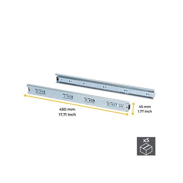 Kullager för lådor - EMUCA - 5-pack - kulled - höjd 45 mm - längd 450 mm