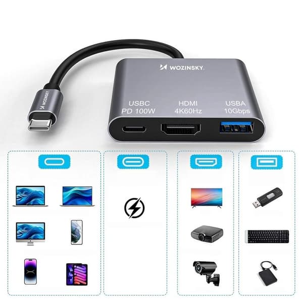 USB-C till USB-C och USB-A HDMI PD 10 Gb/s 4K-hubb - Grå