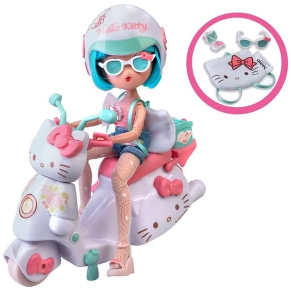Docka - HELLO KITTY - Snygg rosa - 20 cm - Med scooter - 3 tillbehör