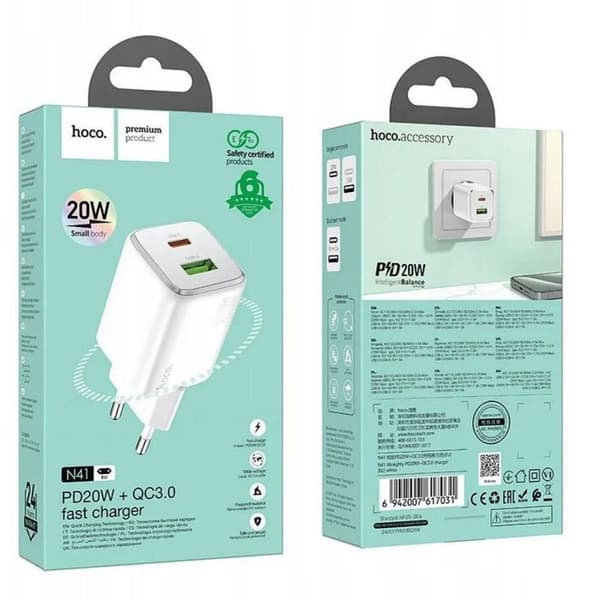 Hoco Laddare 20W USB-A + USB-C QC3.0 PD 3A vit
