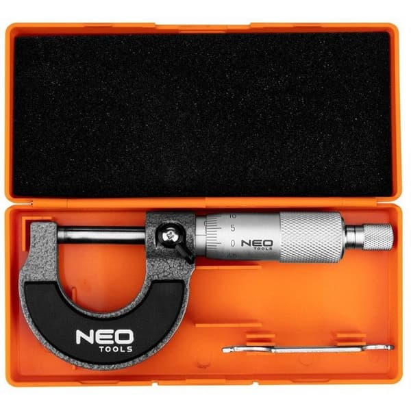 Mikrometer - NEO TOOLS - 0-25 mm - Precision ±0,01 mm - Justeringsnyckel ingår - Plastlåda