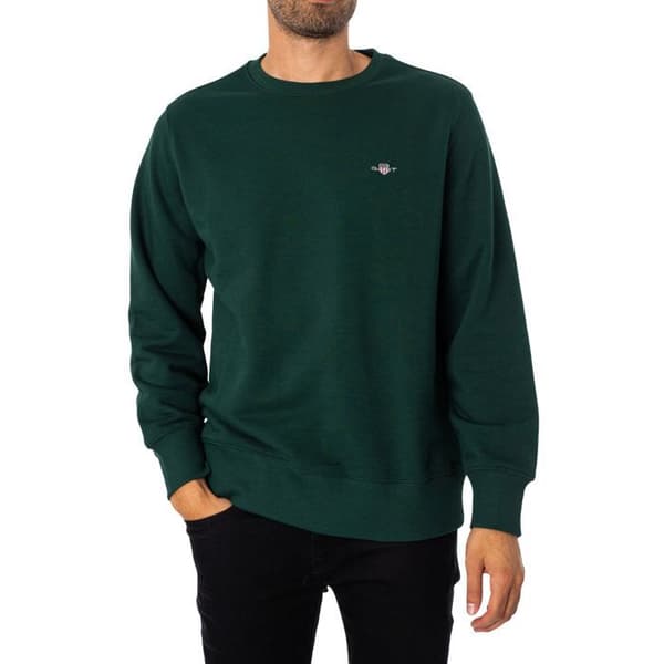 GANT herrtröja rund hals Reg Shield - tartan grön, långa ärmar, bomull/polyester