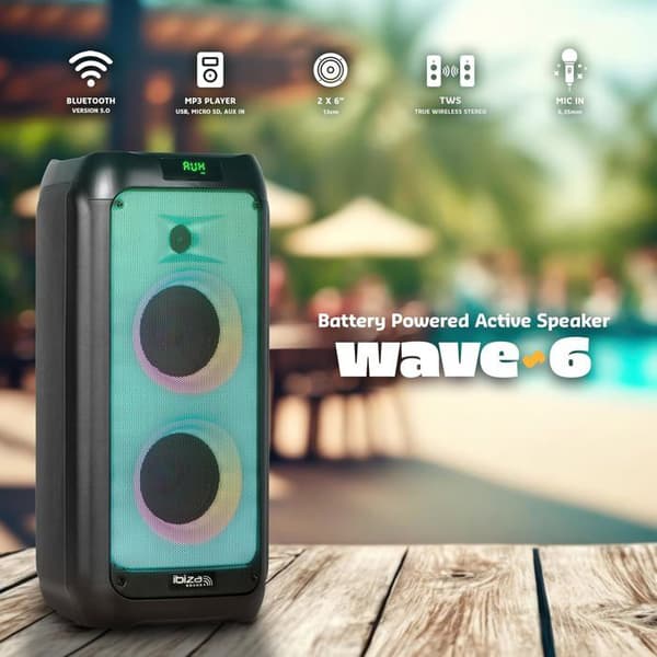 Aktiv högtalare - IBIZA - WAVE6 - 250W - Bluetooth - USB - LED Eld - Svart