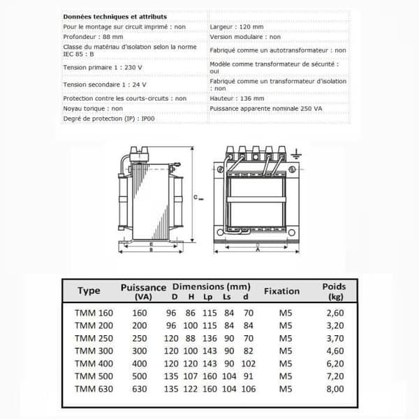 Transformator - TMM - 250VA - 230/24V - IP00 - Separation/Säkerhet