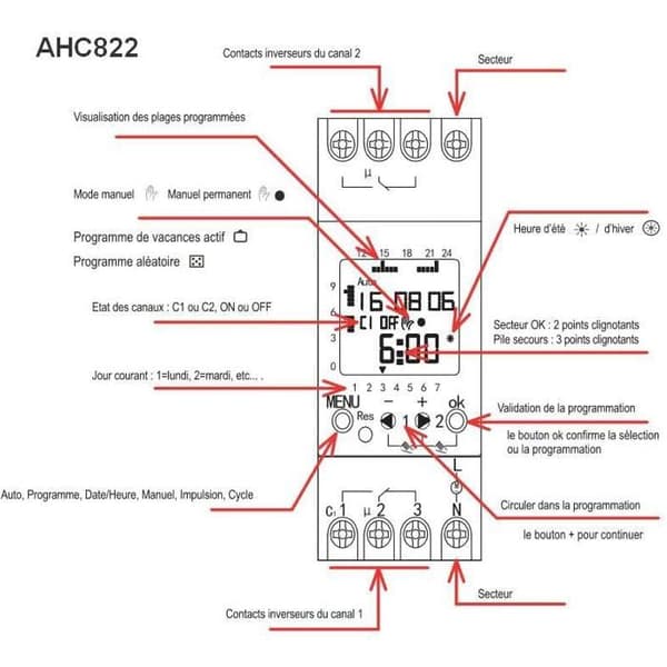 Digital Klocka Strömbrytare - MONDIALPRO - AHC822 - Veckoprogrammering - 44 cykler på/av - LCD-display