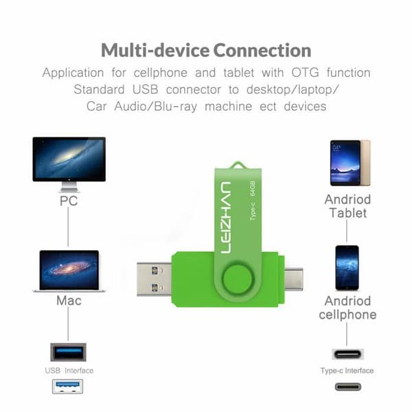 USB OTG - LEIZHAN - 64 Go - USB 3.0 Typ-C - Dual USB-A/Typ-C - Grön
