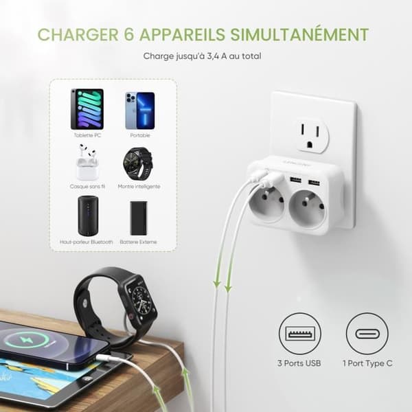 Reseadapter - LENCENT - 6-i-1 Frankrike→USA (Typ B) - 2 AC - 3 USB + 1 USB-C - Jord