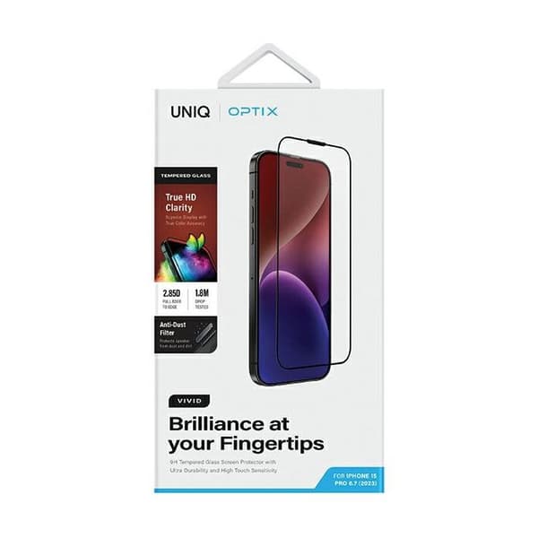 Härdat glas för iPhone 15 Pro Max UNIQ med transparent applicator