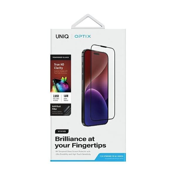 Härdat glas - UNIQ - Optix Vivid - iPhone 15 - Transparent applicator - Transparent