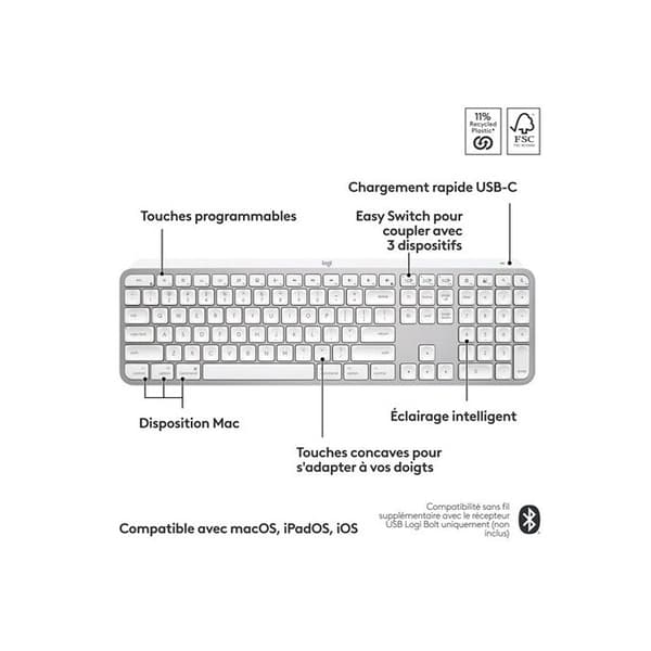 Logitech MX Keys S Azerty trådlöst tangentbord för Mac ljusgrå