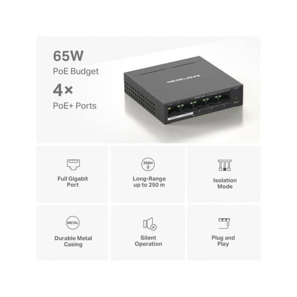 Ethernet-switch - MERCUSYS - MS105GP - 5 portar - Gigabit Ethernet - PoE-strömförsörjning