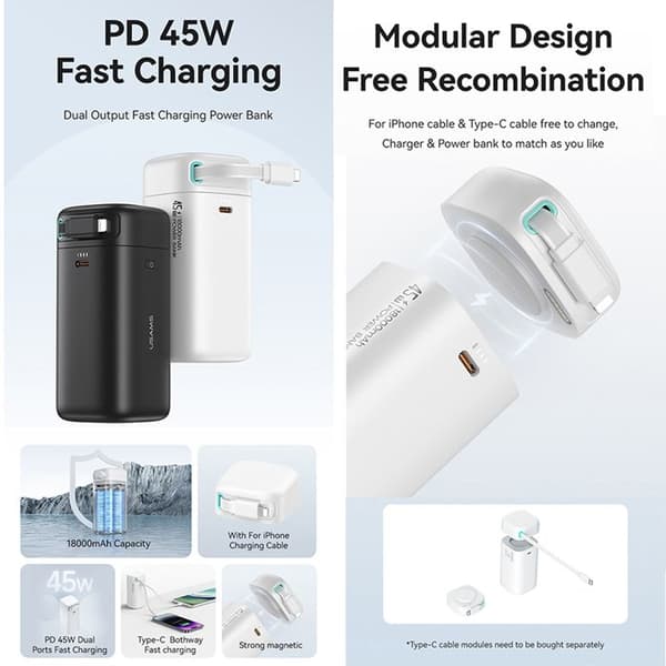 USB-C PD45W extern batteri 18 000 mAh med Lightning-kabel - Usams (US-CD217) - Vit