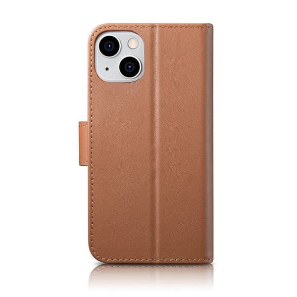 Brunt läder 2-i-1 plånboksfodral för iPhone 14, med RFID-skydd.