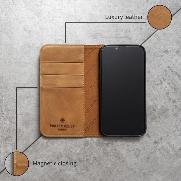 Coque för iPhone 12 Pro Max - PORTER RILEY - Äkta läder Tan - Heltäckande skydd - Plånboksdesign