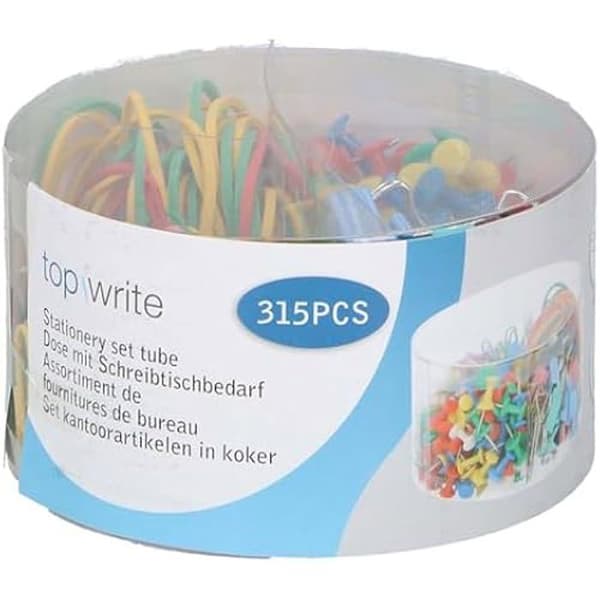 Sortiment av kontorsmaterial 315 stycken (nålar, klämmor, gummiband, gem)