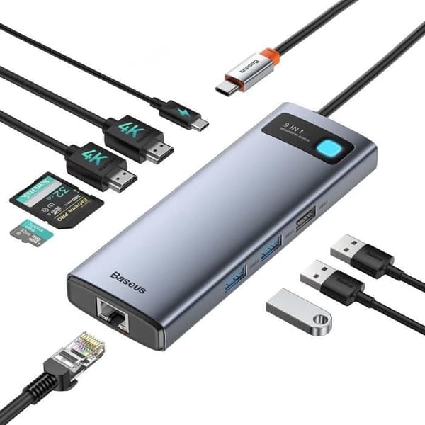 USB C-adapter - BASEUS - 9 i 1 - Dubbel HDMI 4K - 100W PD - Ethernet 1000M