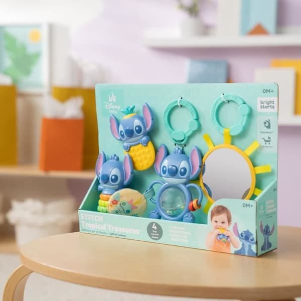 DISNEY BABY - STITCH - Presentlåda för nyfödda - 4 babyleksaker, Rassel, Bitleksak, Multisensoriska leksaker