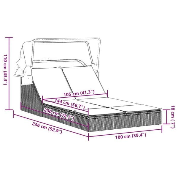 vidaXL Dubbel chaise longue med båge och gråa kuddar i flätad plastic 368639