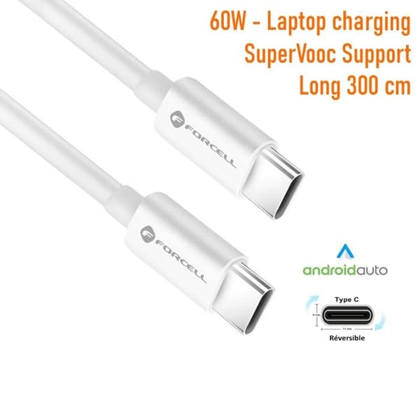 Snabb Laddningskabel USB-C 60W 300 cm - Power Delivery, Quick Charge 4.0, SuperVOOC, Android Auto® Datasyntonisering Vit