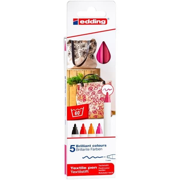 Textilpennor - Edding - 4600 - Set om 5 - 1 mm - Tvättbara vid 60 °C