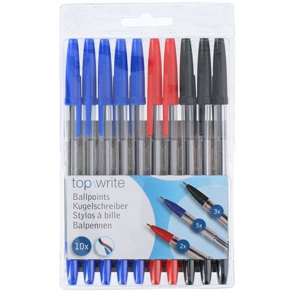 Topwrite - Kulspetspenna set 10 st. (Blå/svart/röd)