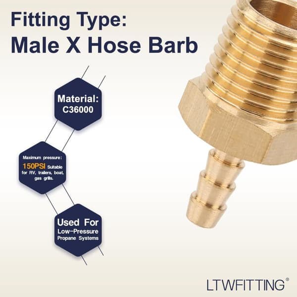 LTWFITTING Messinghanter 1/4" BSP x 1/8" (3 mm) barb för slang - 5 stycken