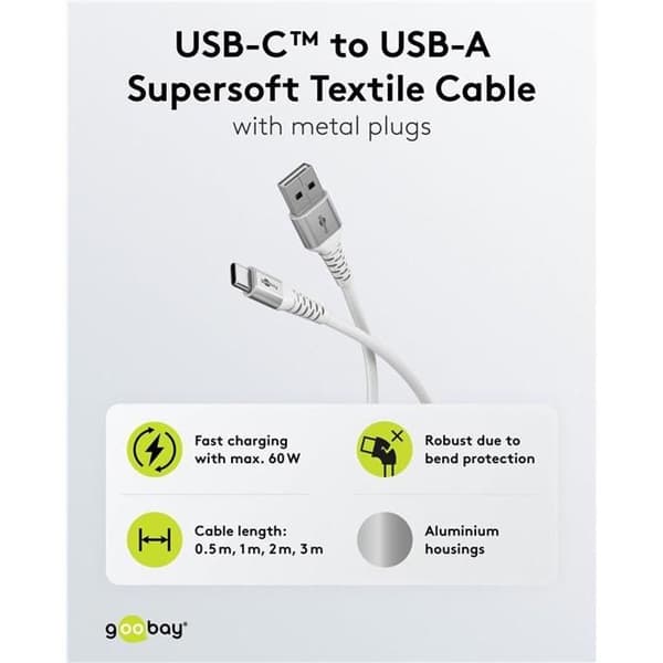 Supermjuk textil USB-C™ till USB-A-kabel 0,5 m, vit