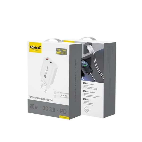 Laddare - HURTEL - A6MaxC - 20 W - USB-A och USB-C - Kabel 1 m ingår