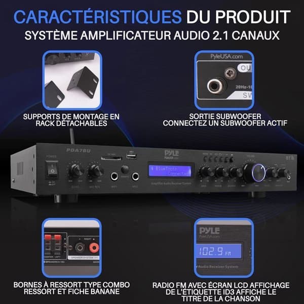 Pyle Bluetooth-förstärkare 5 kanaler för rackmontering - Trådlös Bluetooth-streaming - 200W - Svart