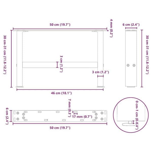 vidaXL Bordben Vit 2 stycken 50 x (30-31) cm Stål 4013261