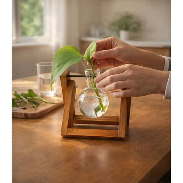 DESIGN VATTENKULTURVASE I GLAS MED TRÄSTÖD