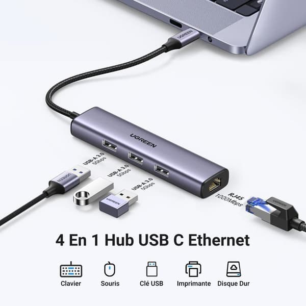 USB-C-adapter - UGREEN - CM475 - 3x USB 3.0 - RJ45 - USB-C PD - Grå