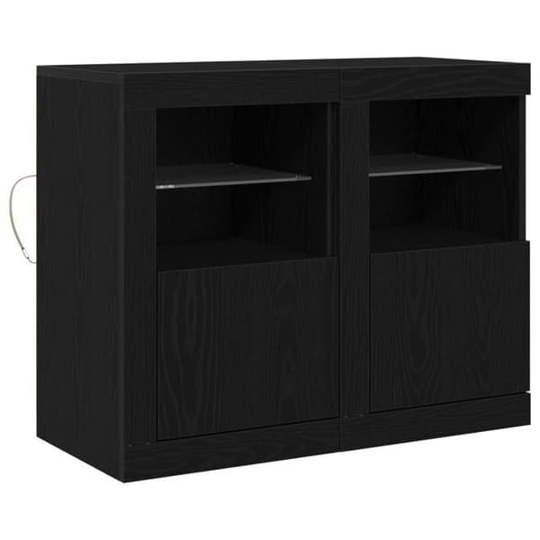 Buffé bas - Svart ek - 2 dörrar - Glashyllor - Integrerade LED-lampor