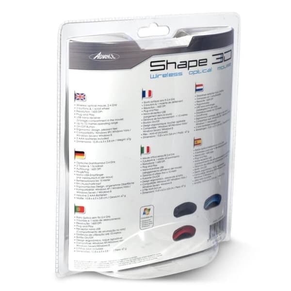 Shape 3D Mouse S-3DW-BK - ADVANCE - Trådlös - Optisk - 3 knappar - 1600 DPI - PC - Blå