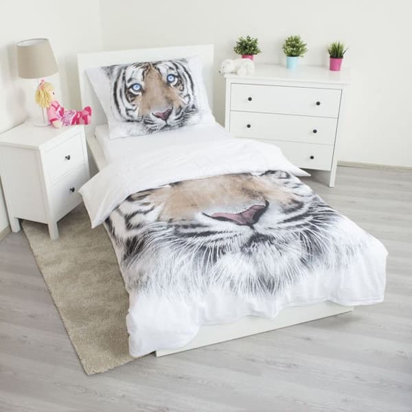 Sängkläder - HOME - Vit Tiger - Påslakan i Bomull - 140 x 200 cm - Grå
