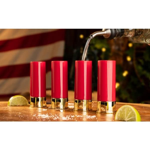 SET 4 SHOTGLAS I FORM AV BUCKSHORT-KARTUSCHER