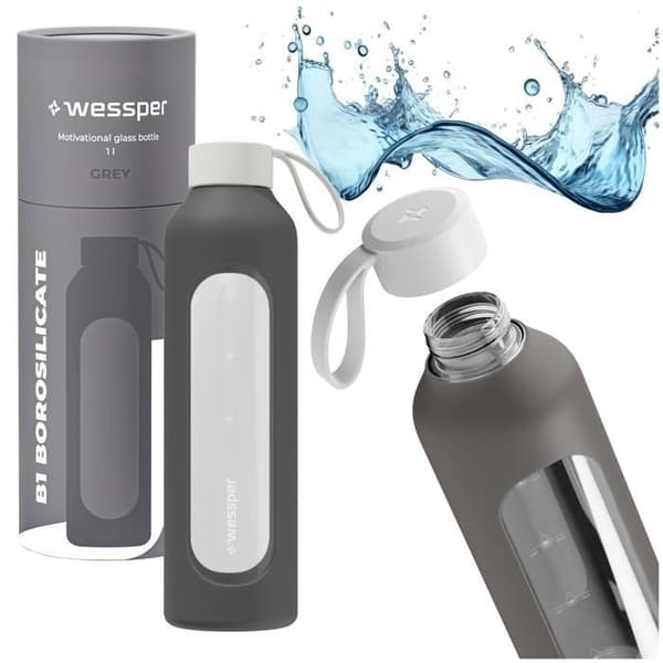 Glasflaska - WESSPER B1 BOROSILIKAT - 1000ml - Silikonskal - grå