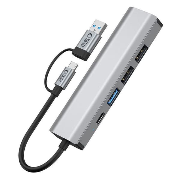 Adaptör Hub 5 i 1 - Tech-Protect HB03 - Typ-C, USB 2.0, USB 3.0, RJ45 - Grå sidereal