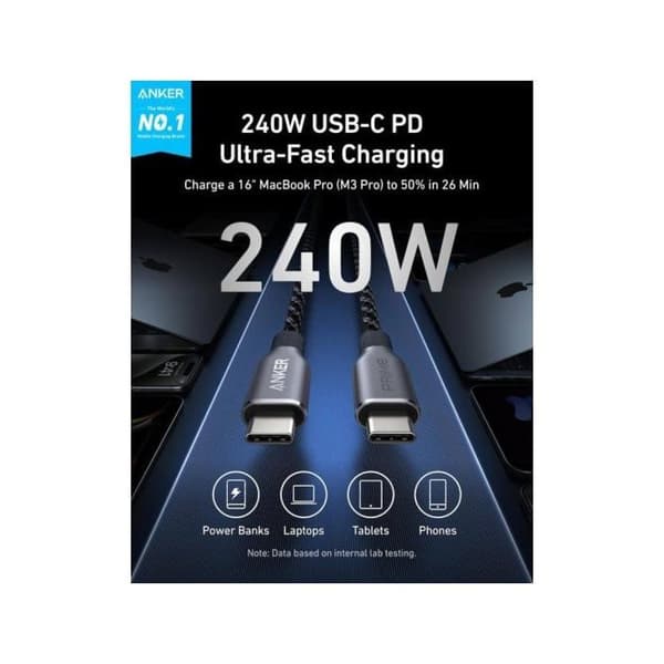 USB-C-kabel - ANKER - Prime - 240W - 1,8m - Grått Flecce