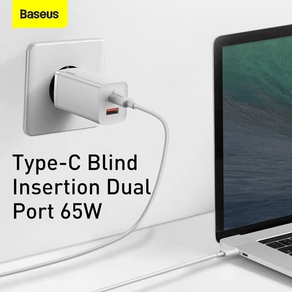 Strömadapter - Baseus - GaN2 Lite - 65W - USB-A och USB-C - Quick Charge 3.0